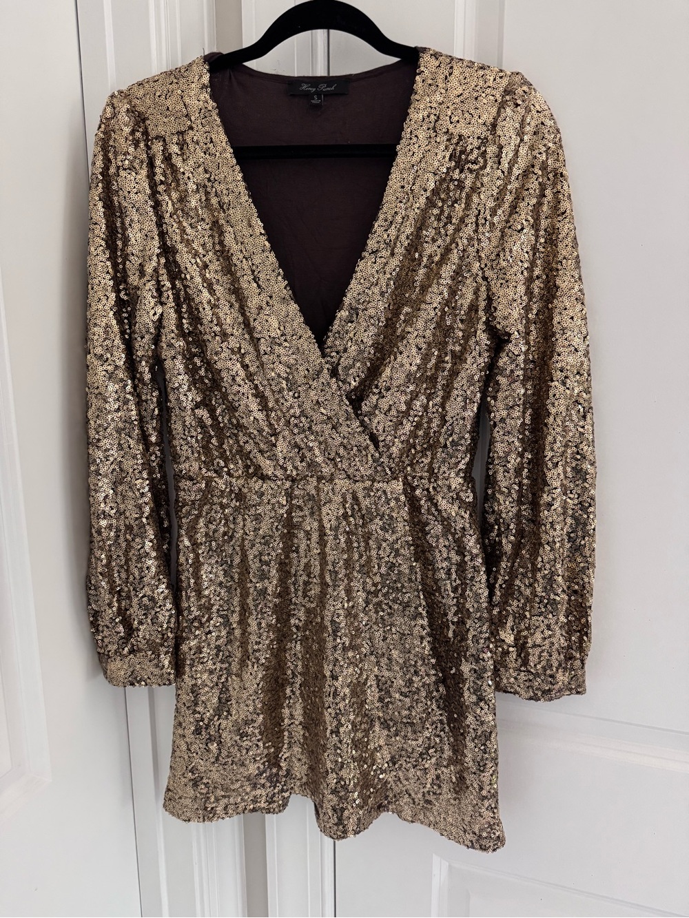 Honey Punch Gold Sequin Long Sleeve Wrap Mini Dress